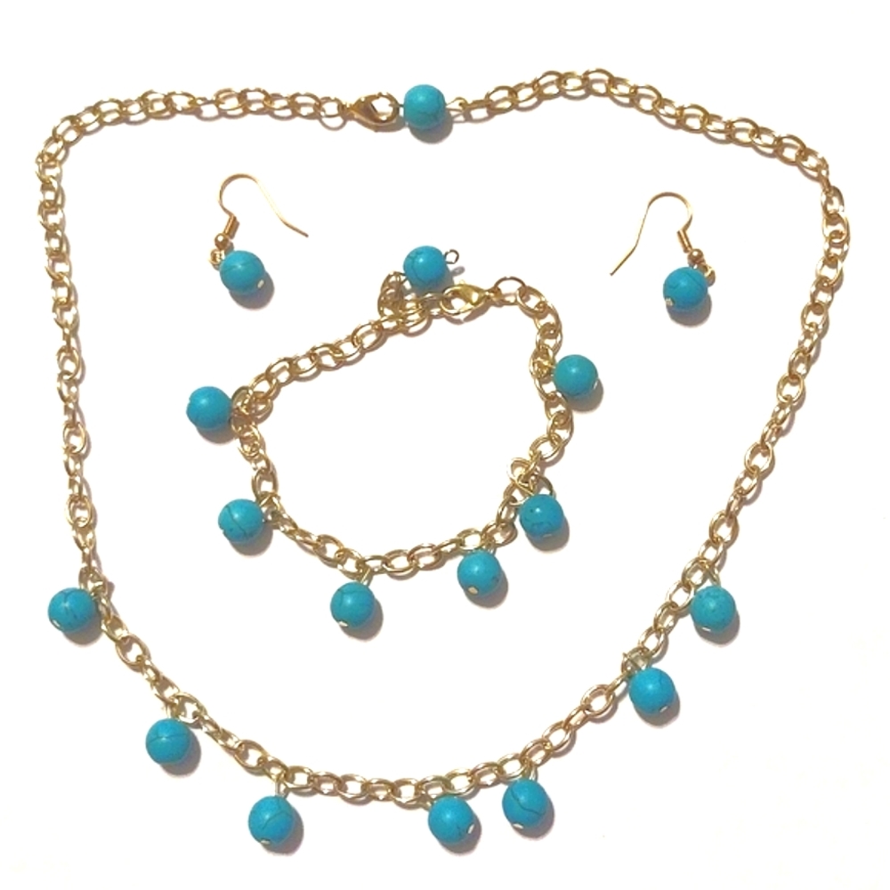 Gold And Turquoise Necklace Bracelet Earrings Jewelry Set
